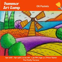 Our summer art camp curriculum includes exploring different mediums, like these vibrant oil pastels. Kids get to learn new techniques and create a beautiful landscape piece to take home.