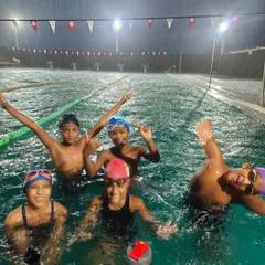 Welcome to the team! These talented swimmers just graduated from our pre-competitive squad to the NMSA Marlins. We celebrated their promotion with a fun session, even in the Bangalore rain.