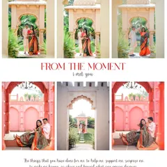 This collage captures the couple in various poses within a stunning pink and orange architectural setting, perfectly complementing their traditional outfits.