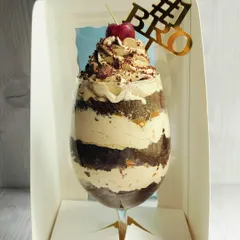My Mocha Mirage Delight, created specially for Rakhi. It's an elegant dessert glass layered with chocolate cake, coffee mousse, almond praline, caramel, and chocolate chunks.