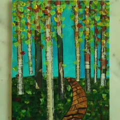 A beautiful mixed-media canvas featuring abstract trees made from newspaper collage. This piece combines acrylic painting with upcycled materials to create a textured and nature-inspired work of art.