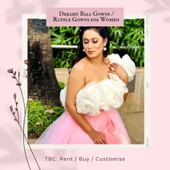 Feel like a princess in this dreamy pink and white ruffle ball gown. The one-shoulder floral detail adds a unique touch to this beautiful rental piece, making it perfect for a whimsical pre-wedding shoot or a grand entrance.