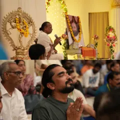 Participants at Guru Purnima, one in prayer and another listening to a discourse. The celebration is a blend of sacred chants, deep gratitude, and enchanting satsang (music and wisdom).