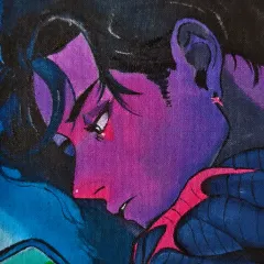 A close-up of the male character, bathed in the dramatic purple and blue light from his screen. This view shows the stylized shading and sharp line work characteristic of the manga art style.