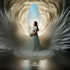 An ethereal portrait featuring our angel wings prop and a delicate light blue gown. This setup creates a heavenly and serene image, celebrating the miracle of new life.