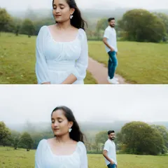 A romantic collage from a pre-wedding shoot in a misty, green meadow. We use the natural environment to create a dreamy and serene atmosphere for our couple portraits.