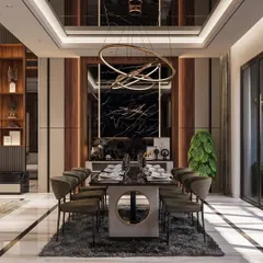 We designed this dining area for a truly luxurious experience. The space is defined by a statement chandelier, a dark marble-top dining table, and plush velvet chairs. The backdrop of black marble and fluted wood panels, along with a reflective ceiling, adds layers of texture and sophistication.