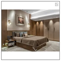 This bedroom design emphasizes seamless integration. Floor-to-ceiling wardrobes with a glossy finish provide ample storage while blending into the wall, and layered lighting creates a soft, relaxing ambiance.