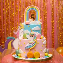 A magical two-tiered unicorn and rainbow cake. This beautiful creation is decorated with fondant clouds, stars, and macarons.