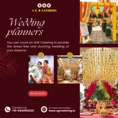 A collage showcasing various decor elements, including a colorful entrance, a mandap with hanging floral arrangements, and a beautifully decorated reception stage. We offer a wide range of decor styles to match your vision.