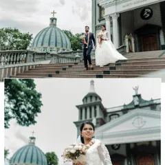 A collage featuring the couple descending the church steps and a beautiful solo portrait of the bride holding her bouquet.
