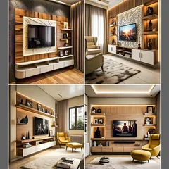 Here are four concepts for TV units that blend wood tones with clean white finishes. Each design offers a different take on shelving and cabinet configuration to suit various living room styles.