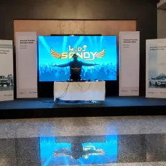 My setup for a Hyundai sales management offsite. The large LED screen prominently features my custom VJ graphics, creating a dynamic backdrop for the event.