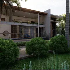 This proposed design for a client in Shimoga features a tropical modern aesthetic. The architecture incorporates large overhangs for shade, natural materials, and lush landscaping to create a resort-like feel.
