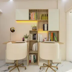 This compact study area is designed for two, featuring a clever central bookshelf that acts as a divider. The light wood and white color scheme, along with under-shelf lighting, creates a bright and inspiring workspace.