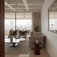 The furniture in this Mumbai apartment was selected and designed for its soft forms and refined details. The custom sofa, coffee table, and chairs create a harmonious dialogue with the city view beyond.