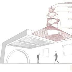 An exploded axonometric view of the Mexican dome designed for a meditation hall. This diagram explains the tiered brick-laying process, showing how each layer alternates to create a strong and beautiful structure.