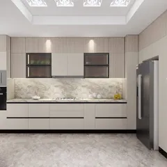A full view of the kitchen design, illustrating how the built-in oven and refrigerator are seamlessly integrated into the cabinetry. The coffered ceiling with recessed lighting adds a touch of architectural elegance to the space.