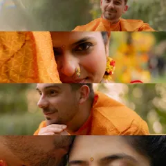 A collage of intimate moments from a Haldi shoot. It captures stolen glances, a gentle kiss, and the beautiful connection between the couple.