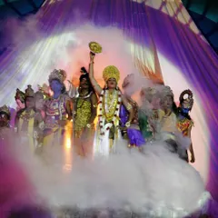 I source and manage high-impact entertainment for corporate events, such as this theatrical performance. The use of dramatic lighting and smoke effects adds a professional touch to the show.