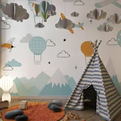 This children's room is a sky-high adventure with our hot air balloon and airplane wallpaper. The design sparks imagination and creates a fun and playful atmosphere for kids.