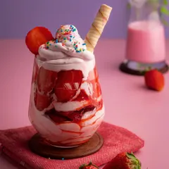 A close-up of our strawberry cream dessert, showcasing the vibrant colors and textures. The playful sprinkles and wafer roll add a touch of fun, making it perfect for a dessert parlor's menu.