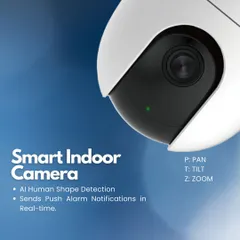 A close-up of our smart indoor camera, detailing its key features: AI Human Shape Detection for accurate alerts and Pan, Tilt, Zoom (PTZ) for full room coverage.