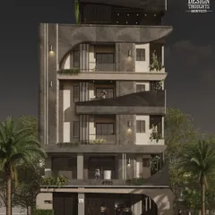A night-view render of the contemporary G+3 residence. The strategic use of lighting highlights the architectural forms, creating a dramatic and sophisticated presence after dark.