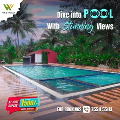 Dive into our pool with stunning views of the surrounding nature. Our large swimming pool is perfect for a relaxing dip or some fun water games with family and friends.