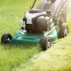 A close-up of our powerful lawnmower in action, delivering a clean and even cut. Regular mowing is essential for a dense and healthy lawn, and we use the best equipment for the job.