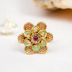 A traditional floral ring shot on a clean white background with minimal props. This highlights the intricate design and colors of the piece, making it ideal for catalogue or website product pages.