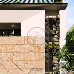 A closer look at the material interplay on the Dasharatha residence facade. The rough texture of the stone cladding contrasts with the sharp, geometric pattern of the black MS jali screen, creating visual interest.
