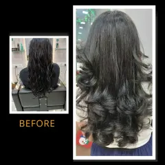 An advanced haircut can make a world of difference. Here you can see how we transformed flat, damp hair into a voluminous style with defined curls and layers, creating a full and healthy appearance.