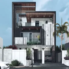 The facade of an ongoing residential project in Muzaffarpur, Bihar. This design features a powerful vertical element, deep balconies, and a mix of white stone and dark wood cladding for a bold, contemporary look.