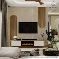 A modern TV unit with an integrated electric fireplace, creating a cozy and inviting atmosphere. The wall paneling combines fluted wood and textured surfaces for a sophisticated look.