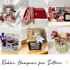 A glimpse into the variety of Rakhi hampers I create for sisters. This collage shows different packaging styles, from elegant red trunks and acrylic boxes to personalized photo frames and baskets.