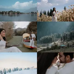 A collage showcasing the diverse and stunning landscapes of Kashmir for a pre-wedding shoot, from shikara rides on Dal Lake to snowy mountain peaks.