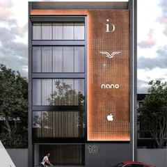 An alternative concept for the commercial façade, this version uses a vertical perforated panel with integrated lighting and logos for multiple brands.