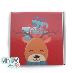 A very cute reindeer is ready to deliver some holiday cheer on this festive goodie box. I can customize these boxes with your brand's logo or a family name with a minimum order of just 10.