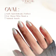 This pearly white finish on soft oval nails offers a delicate and natural touch. It's a popular choice for a clean, polished look with a hint of shimmer.
