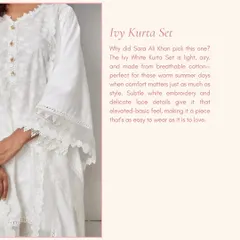 A closer look at the Ivy White Kurta Set, as seen on Sara Ali Khan. I designed this with subtle white embroidery and delicate lace to create an elevated basic you'll wear again and again.