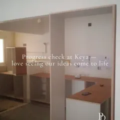 A progress check at our Keya project site. It's always exciting to see the bare bones of our designs, like the kitchen cabinetry framework, start to take shape and come to life.