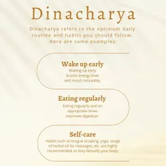 Dinacharya is the Ayurvedic concept of an optimal daily routine. Simple habits like waking up early to boost energy, eating regularly to improve digestion, and practicing self-care like tongue scraping or oil massage are highly recommended to detoxify your body and maintain balance.