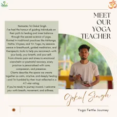 Meet Gokul, our intuitive and healing yoga teacher. Rooted in traditional practices like Ashtanga and Hatha, his sessions help you reconnect with your body and breath.
