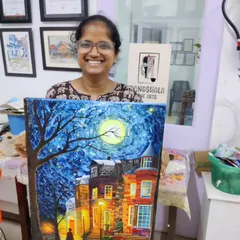The magical result of our knife painting workshop. This student created a textured, luminous cityscape, learning a new and exciting technique to apply acrylics.