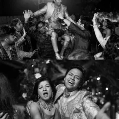 The unfiltered fun of a Sangeet night. The groom is lifted by his friends, and family members sing their hearts out on the dance floor.