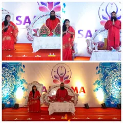 We lead the satsang from the stage during the Fire Meditation event. The combination of sacred fire and spiritual wisdom creates a profoundly transformative experience.