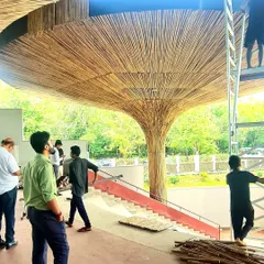 Our team on-site at the TAPMI Centre, overseeing the installation of the bamboo cladding. This hands-on involvement is crucial to ensuring the design intent is realized with precision and craft.