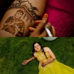 This collage captures the essence of the bridal mehendi experience: the meticulous application of a portrait and the bride glowing with her finished henna.