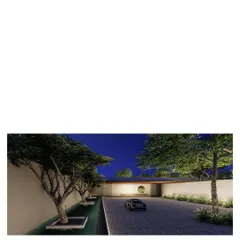 The entrance render for the family retreat project. The design uses long, low walls and carefully placed trees to create a serene and understated arrival experience.